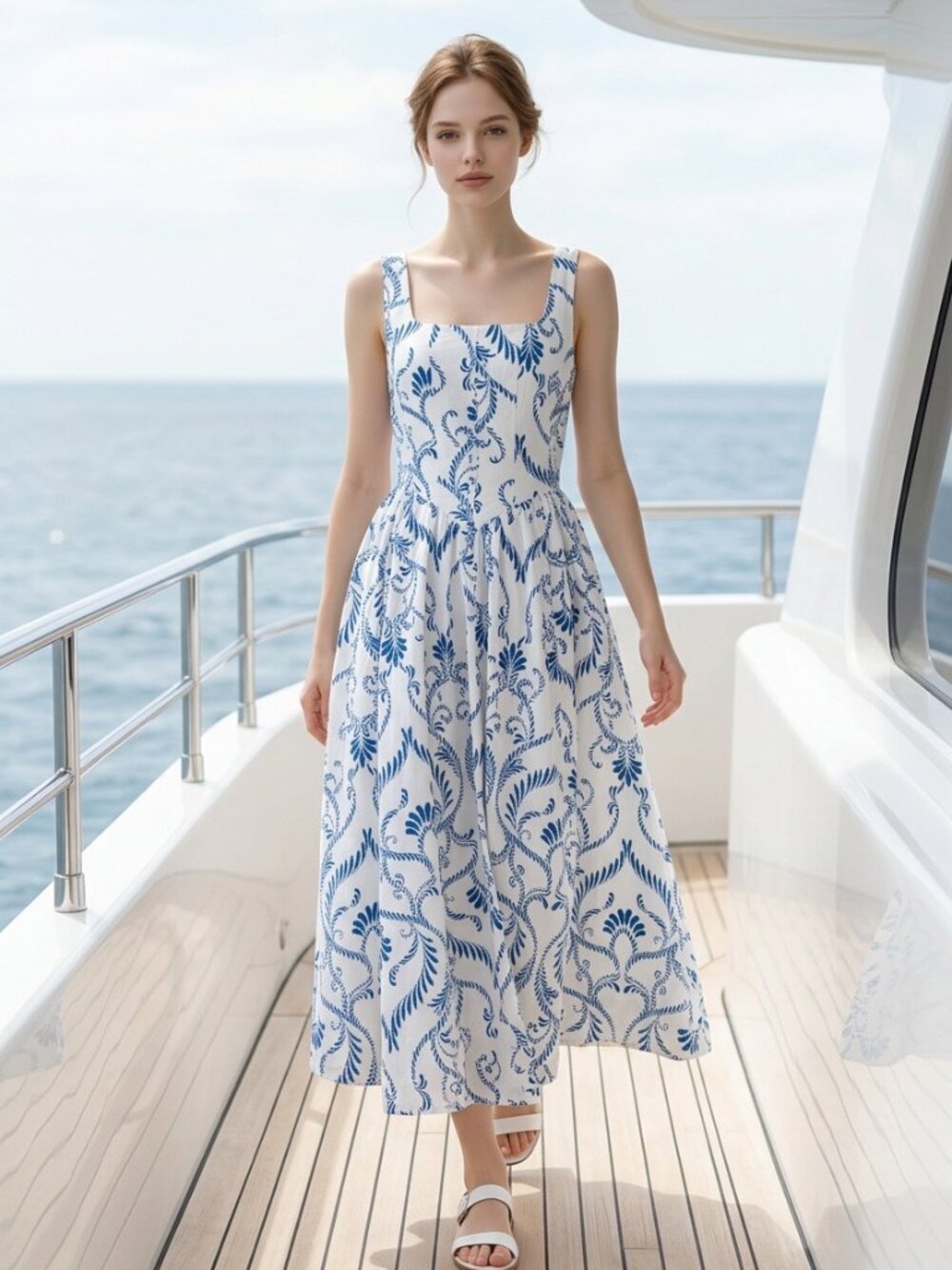 NWT 7 For All Mankind Blue White Floral Print Midi Dress Size 8